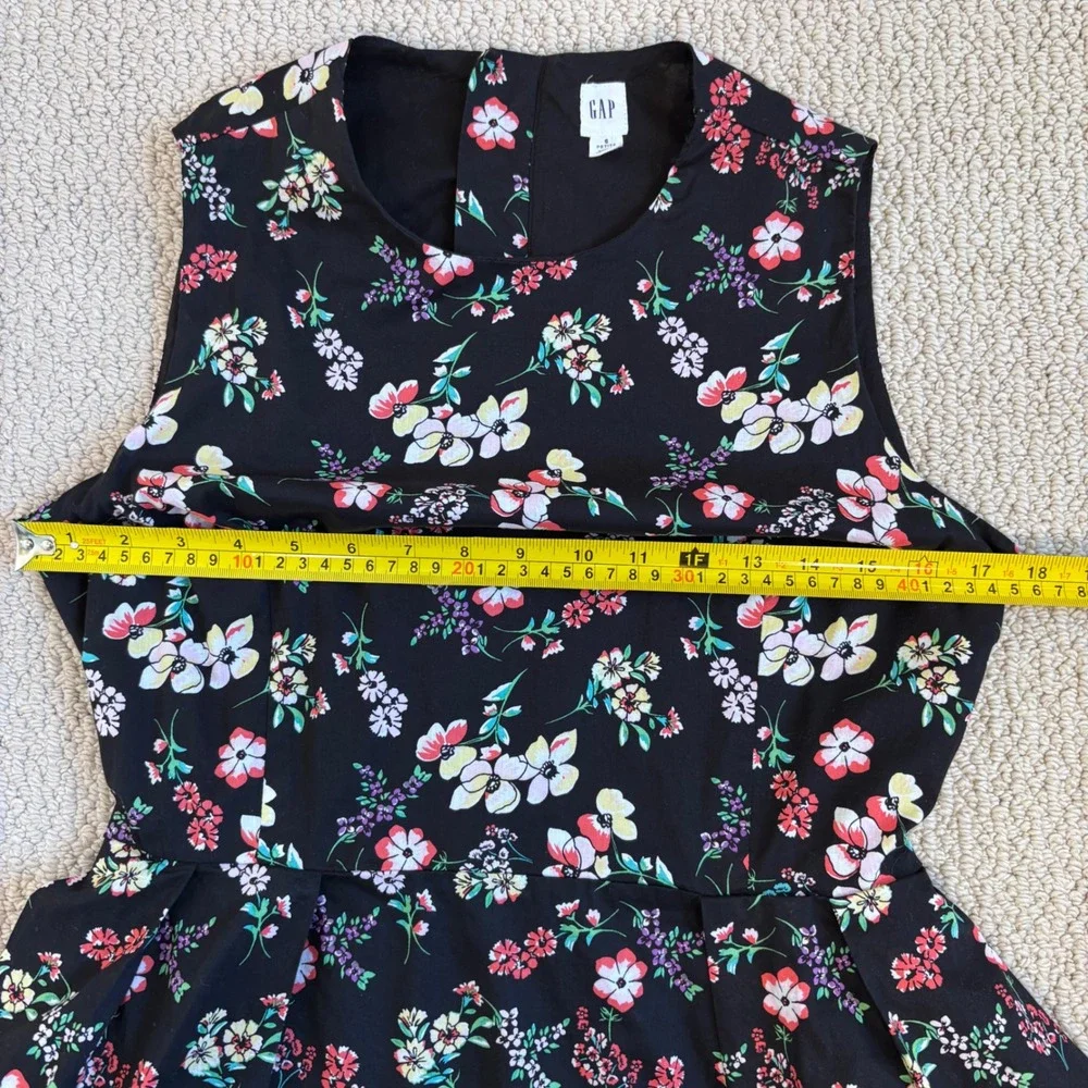 Gap Black Floral Fit and Flare Dress | 6 Petite, Sleeveless Cotton Sun Dress